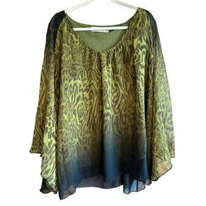 Urban-Mangoz Flowy Open Sleeve Blouse Leopard Print Ombre Boho Top, Women Medium